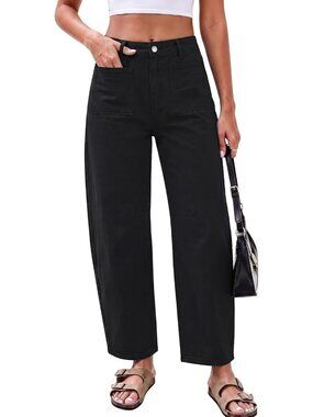 Women's True Black High Waisted Patch Pocket Baggy Stretch Wide Leg Denim Pant